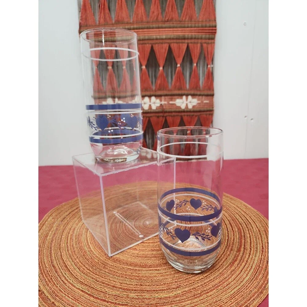 Vintage Libbey Blue County Hearts 16 Oz Tumblers Set Of 2 Cottagecore Grannycore